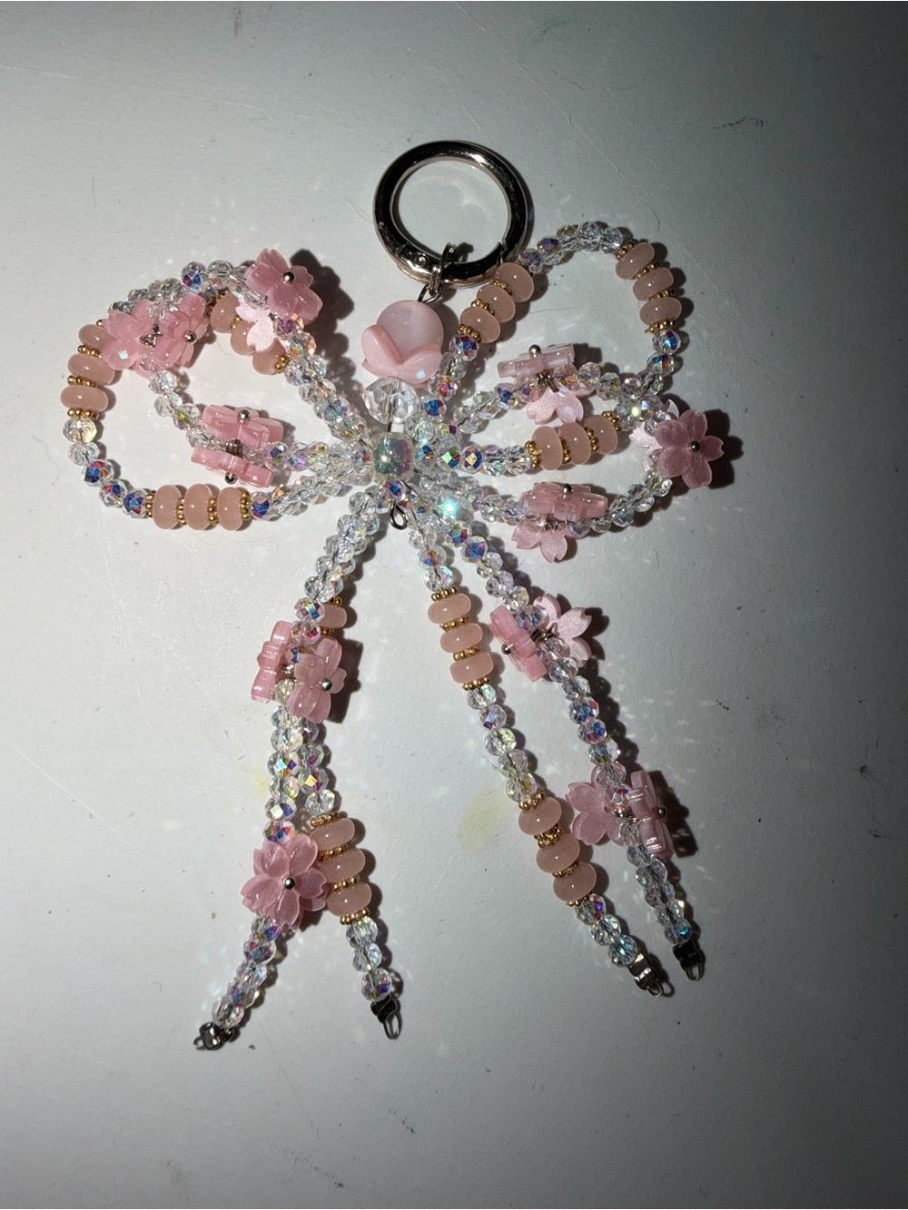 Pink Floral Beaded Bow Keychain by
